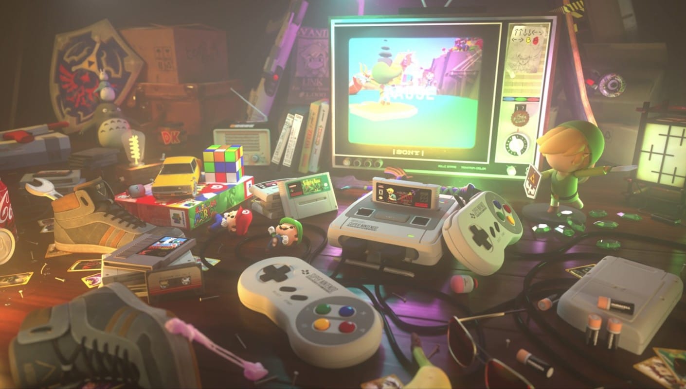 A CG image of a SNES console and a retro Sony TV