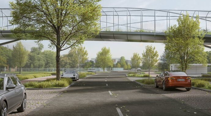A visualization of a walkway bridge stretching over a road